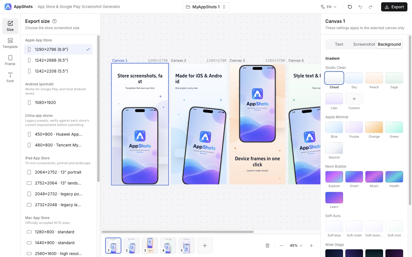 Background tab with gradient presets grouped by template