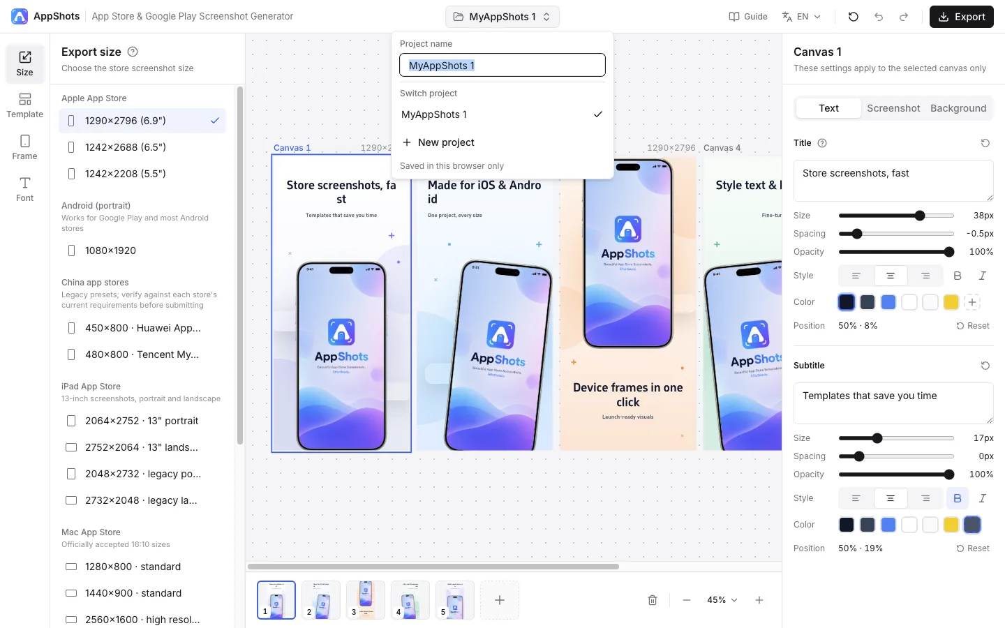 Project menu with the project name field, project list, New project button and the note that projects are saved in this browser only