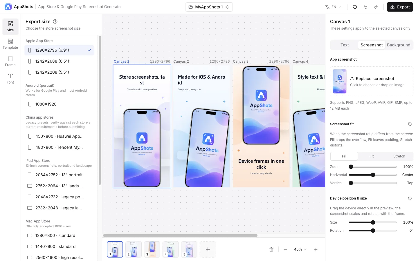 Screenshot tab with the upload area, Fill, Fit and Stretch options, and device position controls
